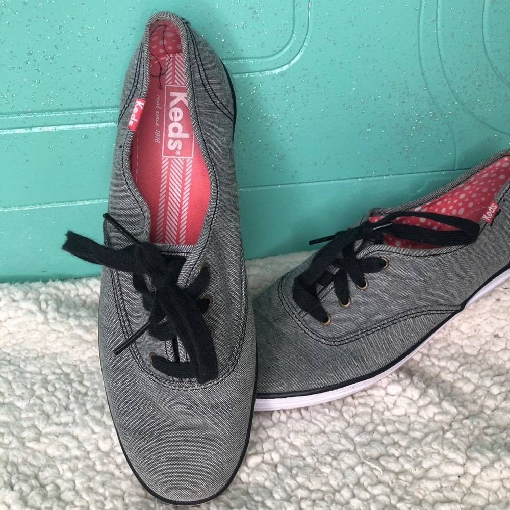 Grey and black keds